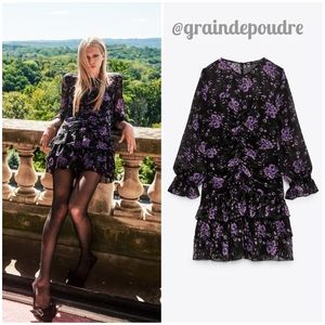 Rare! Zara Violet Floral Print Chiffon Gathered Ruffle Salsa Mini Dress S